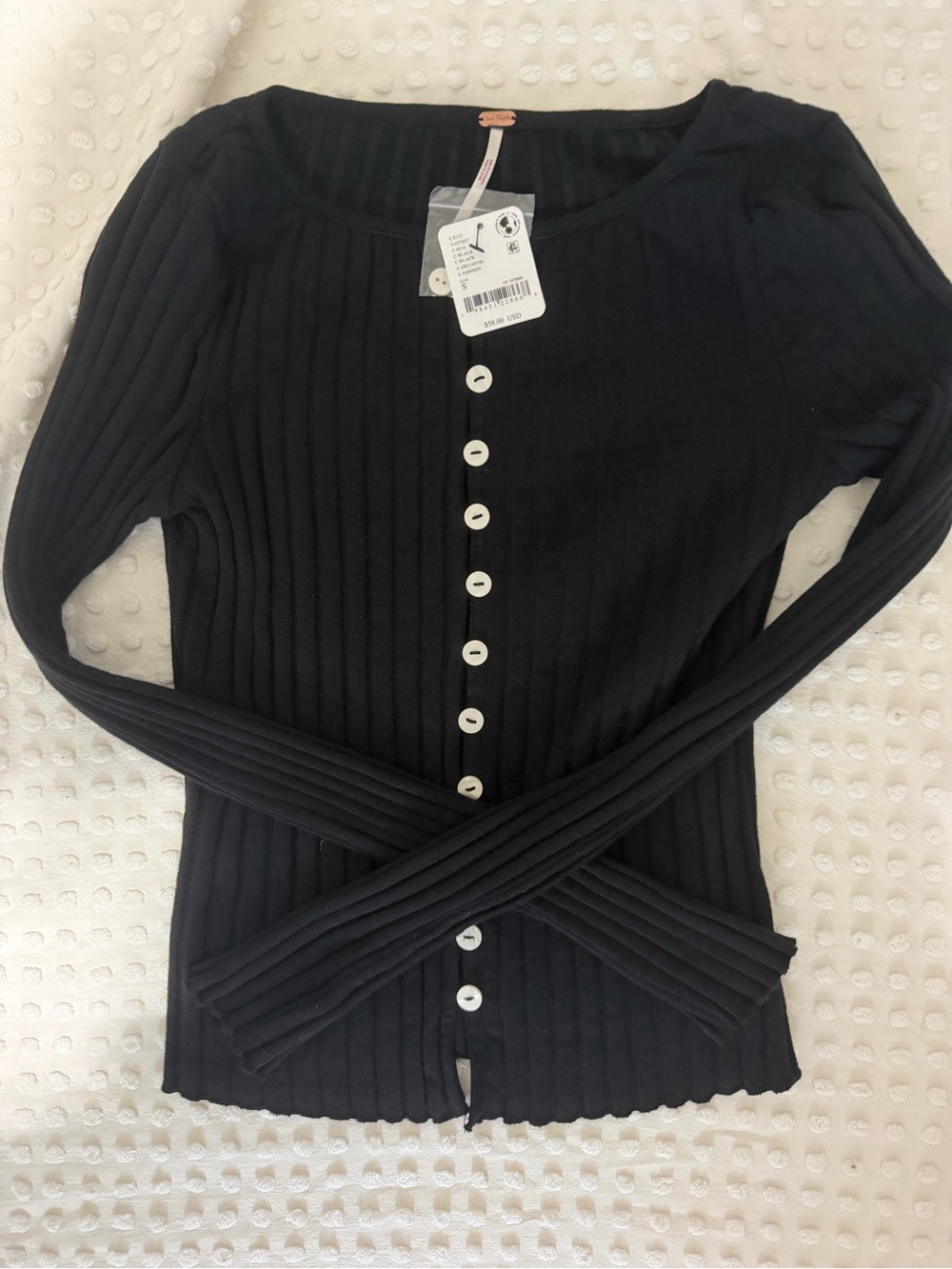 Free People Black Ribbed Button-Front Long Sleeve Top